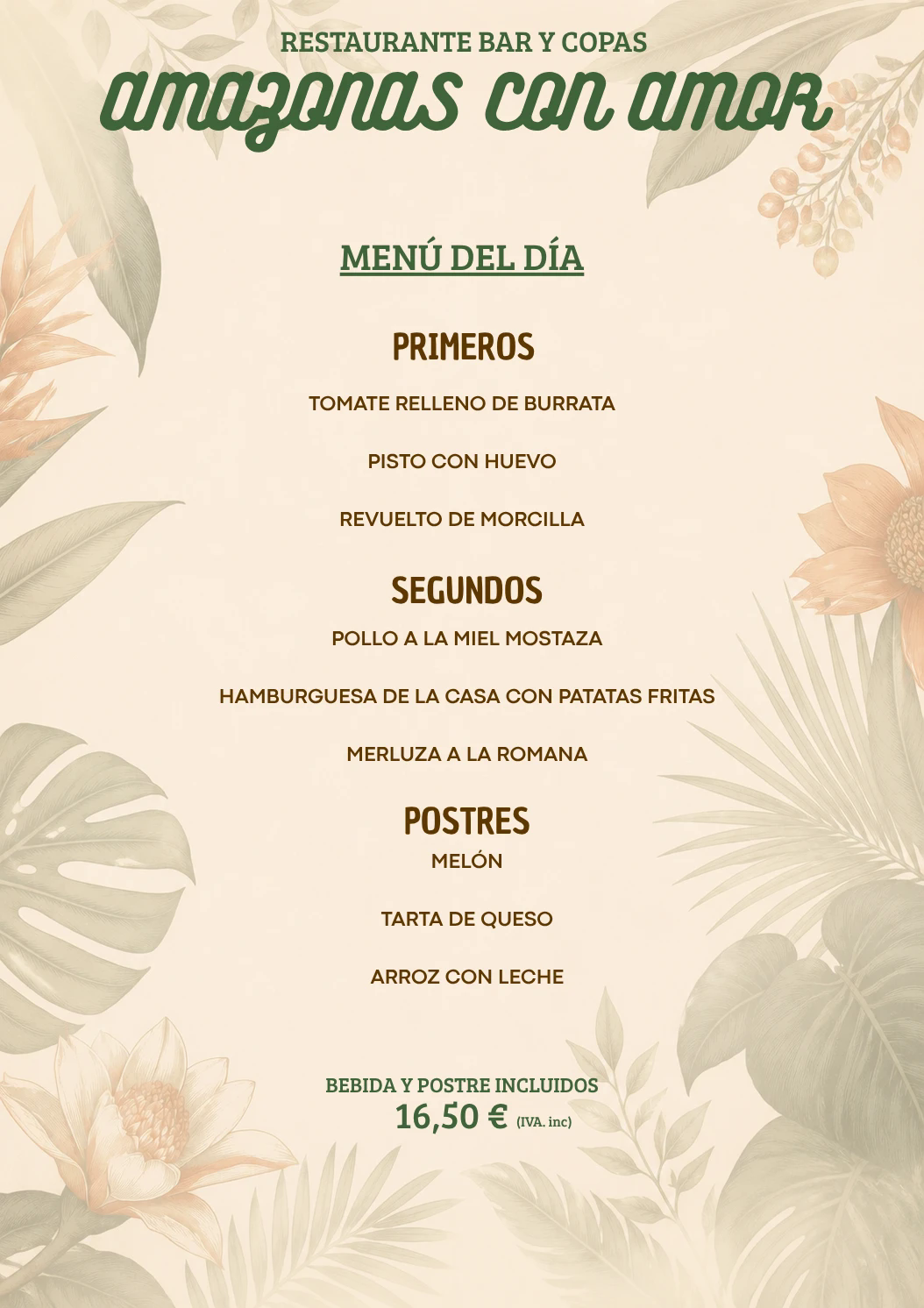 Menú del día de Amazonas con Amor: primeros, segundos y postres.